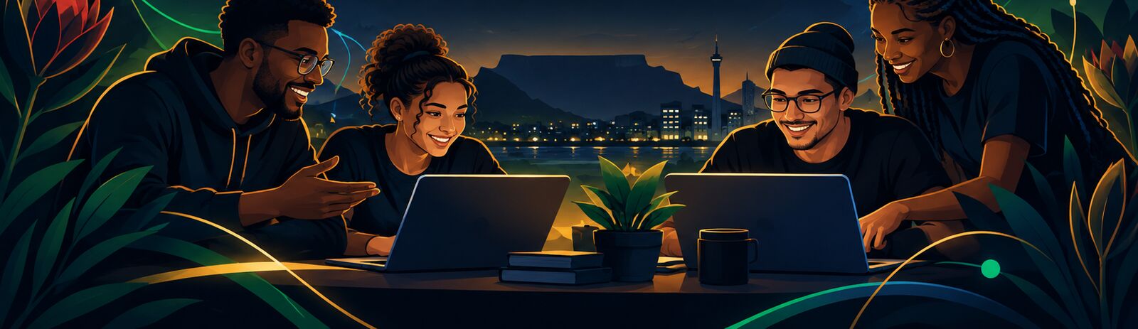 Illustration of four friends laughing and building on laptops at an evening table, with Table Mountain and city lights behind them.